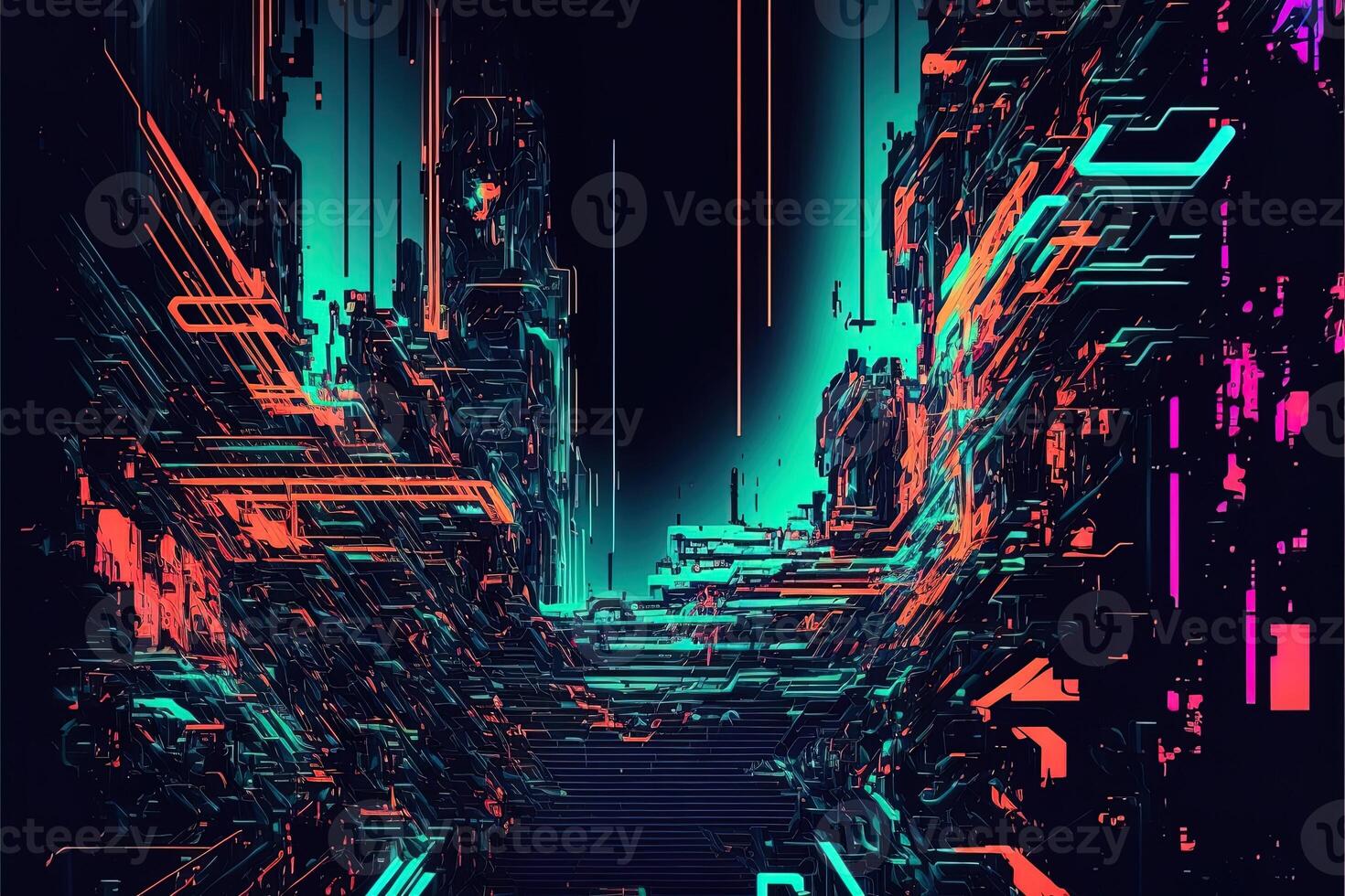 Glitch-Art, Abstrakte Stadt, Türkis, Orange, Pixel, HD, Hintergrundbild für den PC