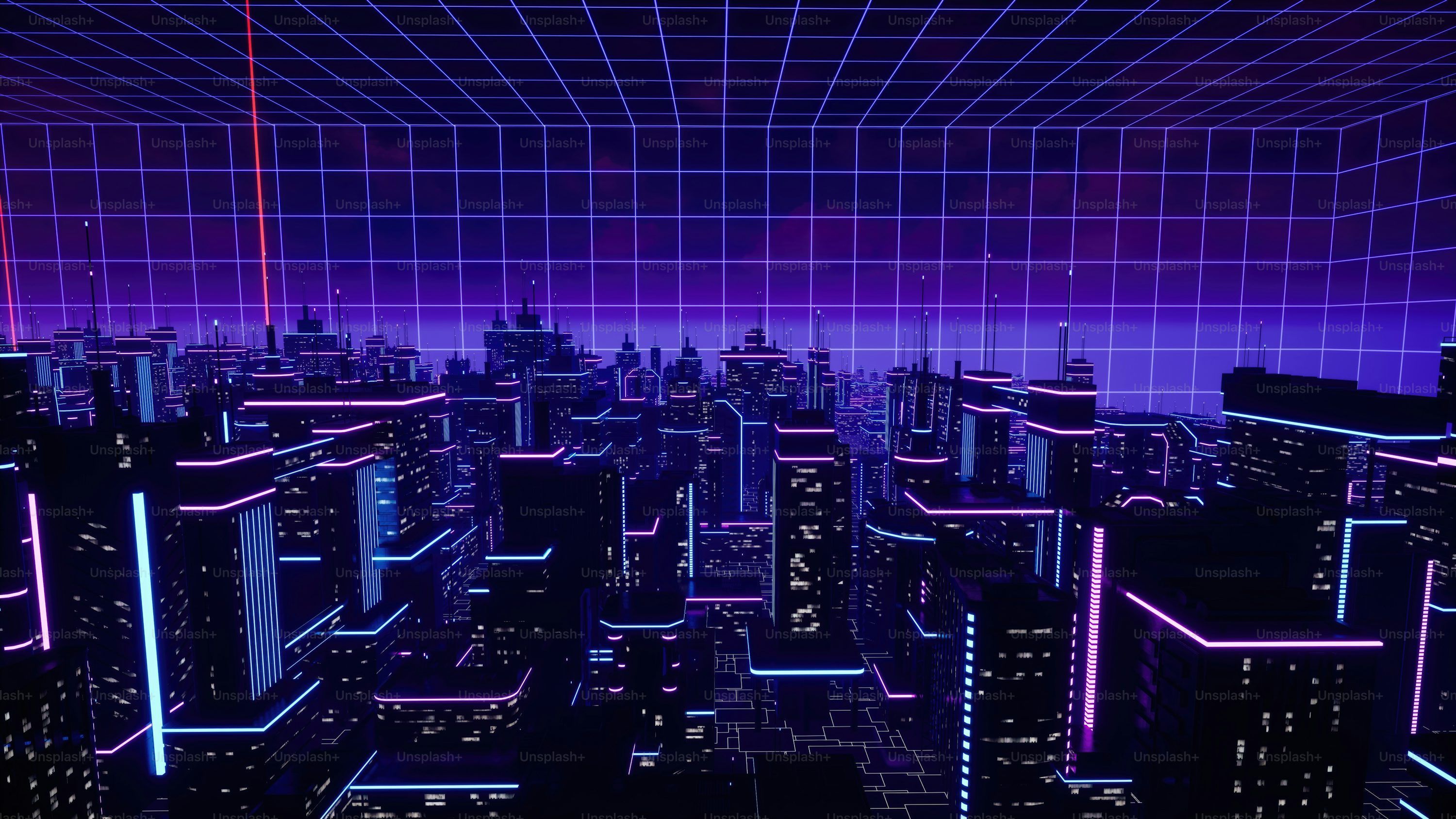 Neonstadt, Gitterlinien, Vaporwave, Lila, Nacht, 16:9, 2K-Hintergrundbild für den Desktop