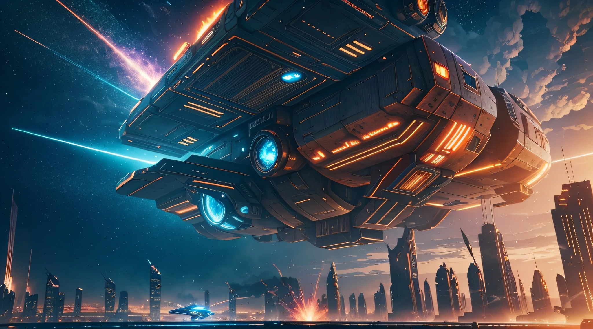 Raumschiff, Science-Fiction, Stadt, Wolken, Digital Art, Full HD, Windows-Hintergrundbild