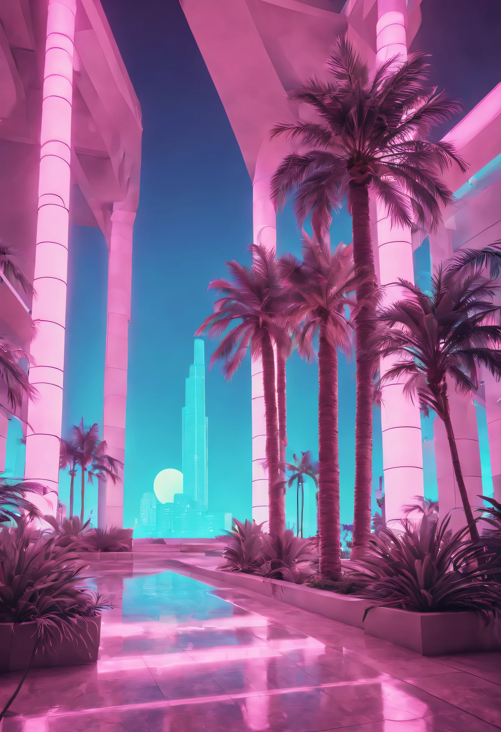 Palmen, Vaporwave, Pink, Türkis, Architektur, QHD+, iPad-Hintergrundbild