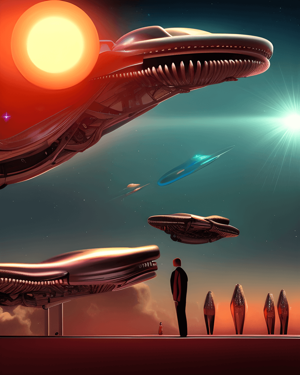 Raumschiffe, Science-Fiction, Retro-Futurismus, Sonne, Silhouetten, HD, Tablet-Hintergrund