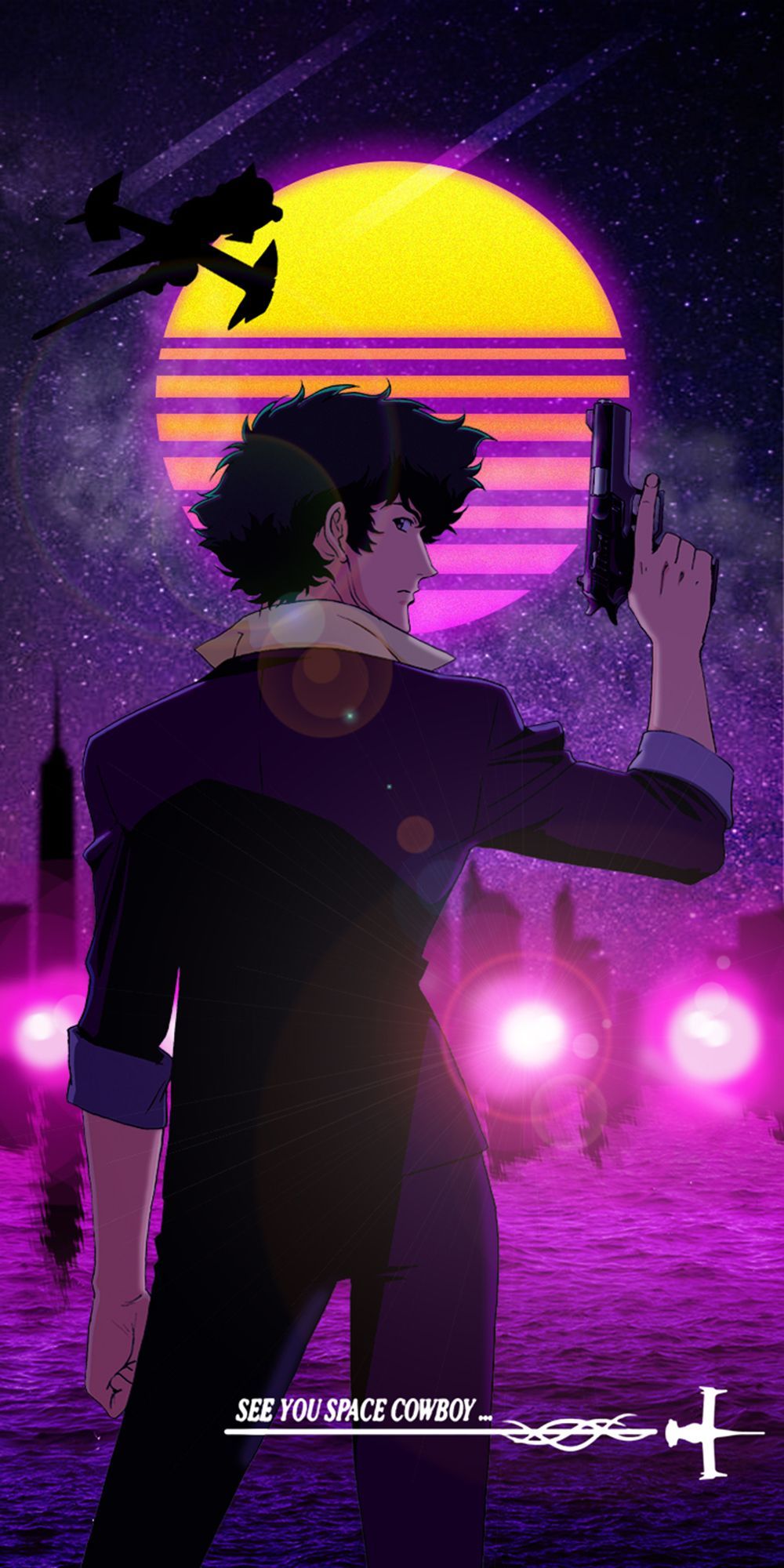 Spike Spiegel, Cowboy Bebop, Synthwave, Sonnenuntergang, Lila, Neon, Hintergrundbild fürs Handy