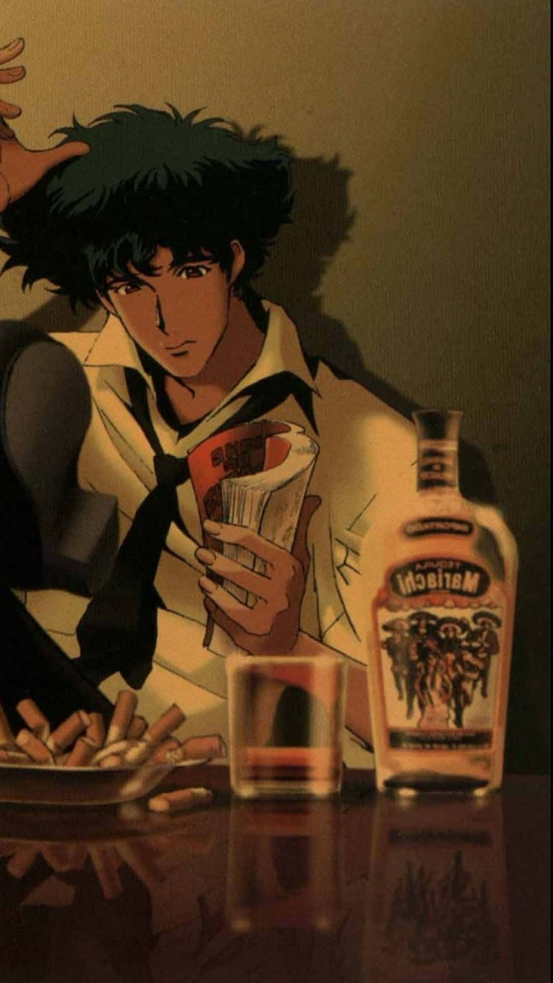 Spike Spiegel, Cowboy Bebop, Bar, Whiskeyflasche, Warmes Licht, Full HD, Handy-Hintergrundbild
