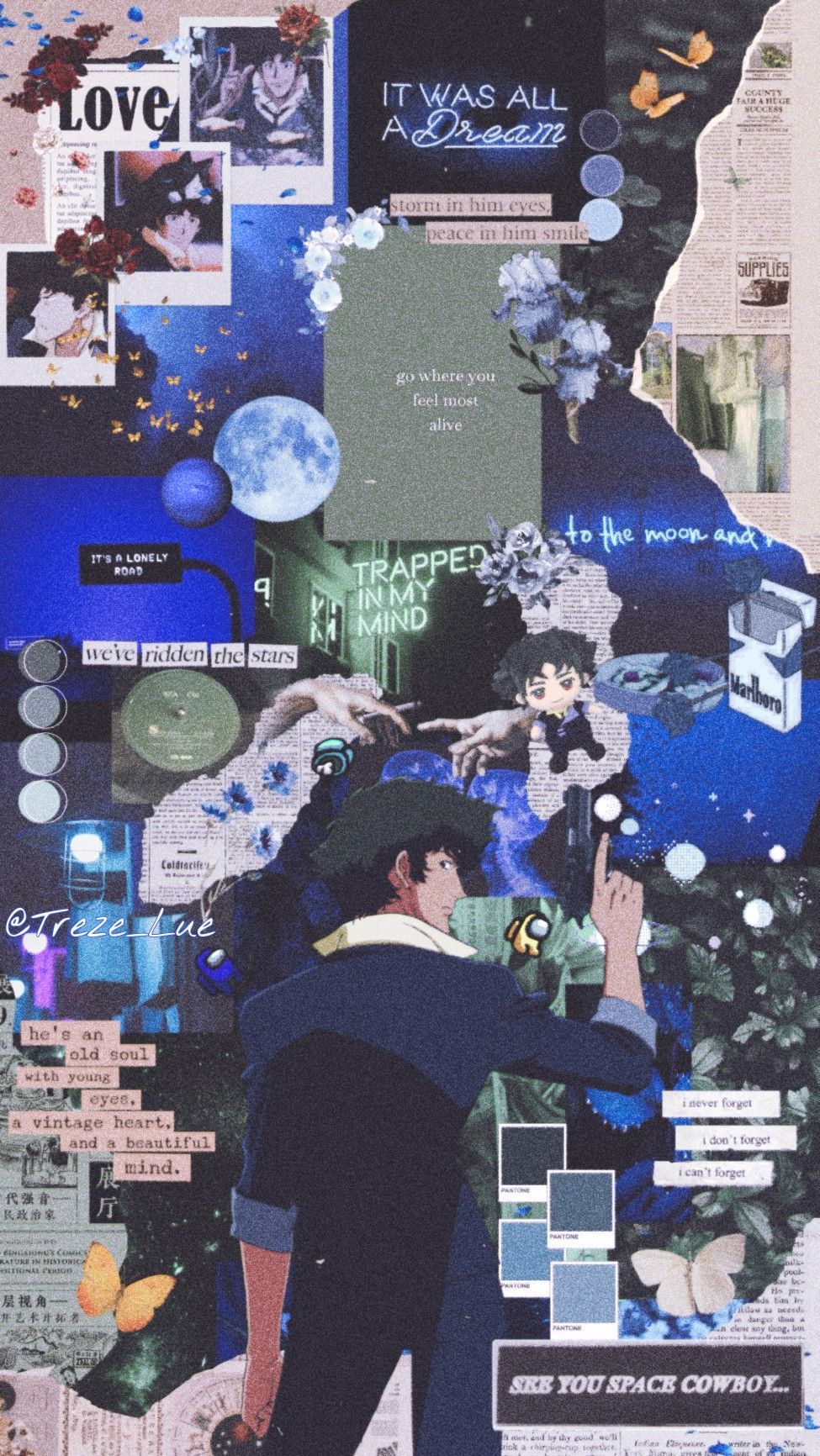Spike Spiegel, Cowboy Bebop, Collage, Blau, Ästhetik, Hintergrundbild für iPhone und Android