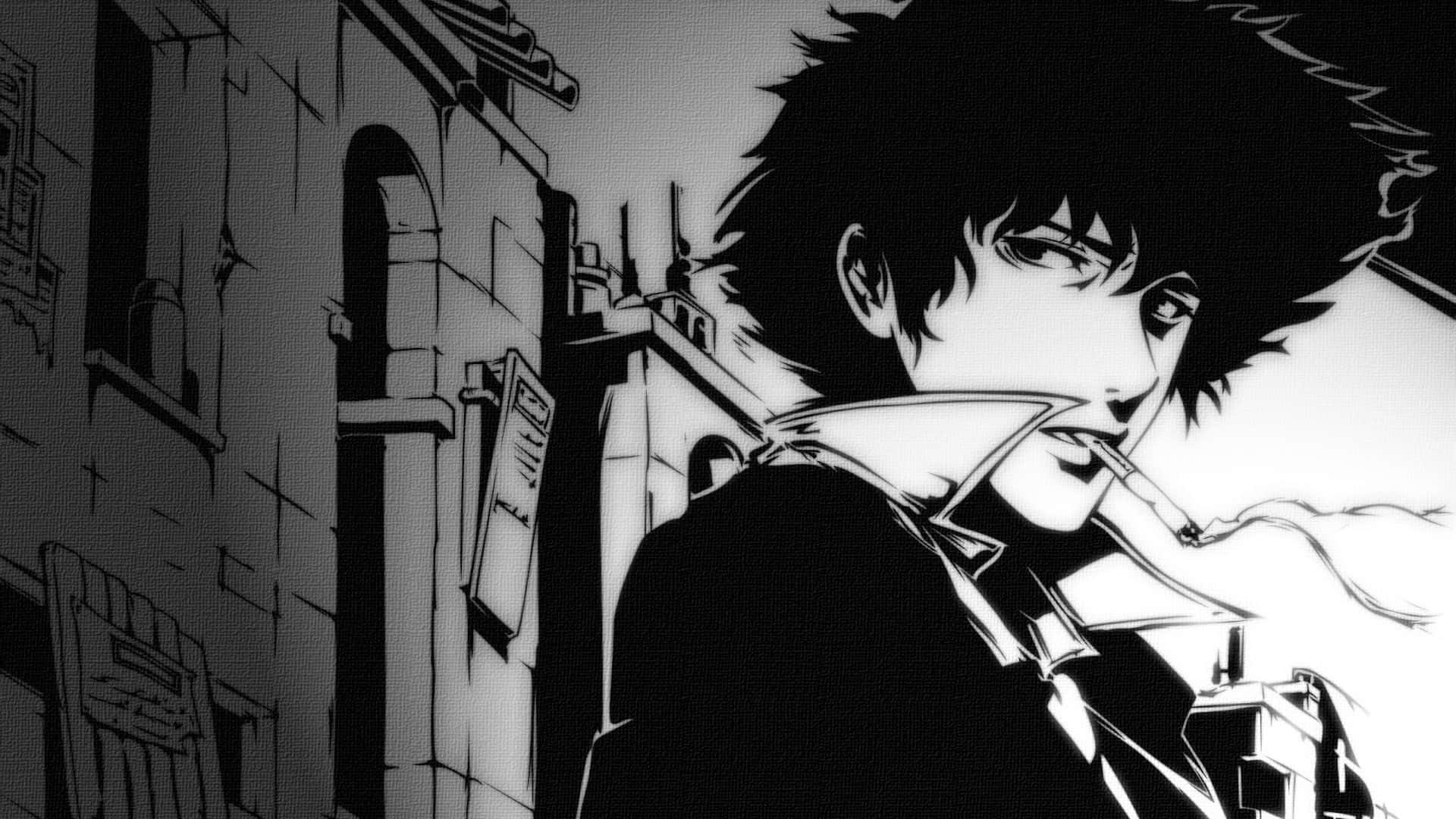 Spike Spiegel, Cowboy Bebop, Schwarz-Weiß, Zigarette, Manga-Stil, Gasse, 1920x1080, Desktop-Hintergrund