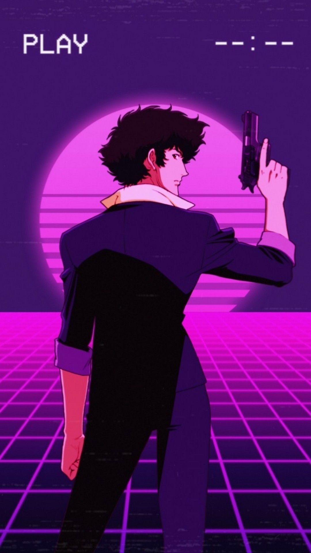 Spike Spiegel, Cowboy Bebop, Synthwave, Pistole, Raster, Lila, Full HD, Handy-Hintergrund