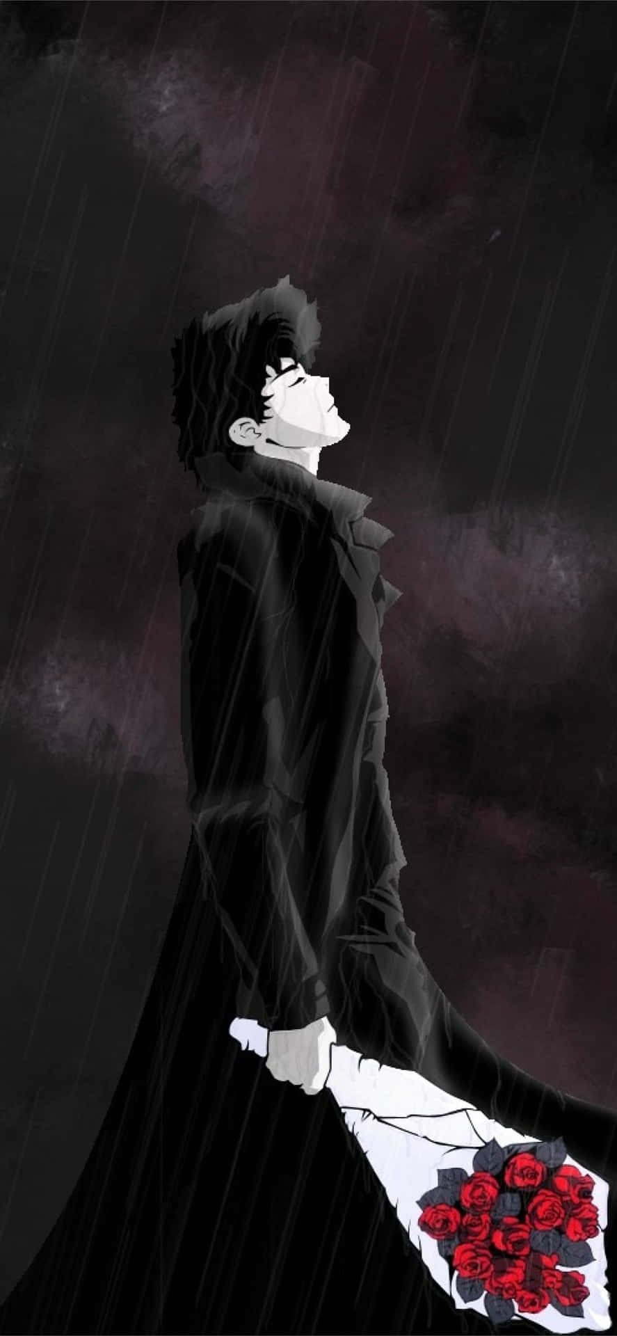 Spike Spiegel, Rote Rosen, Blumenstrauß, Langer Mantel, Dunkel, HD, Handy-Hintergrundbild