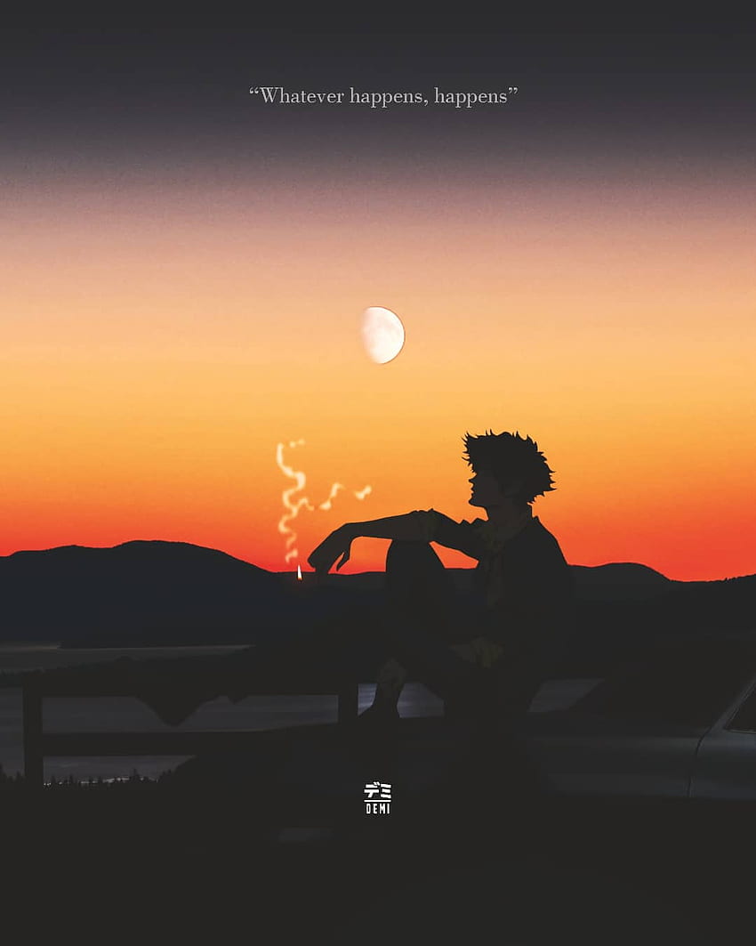 Spike Spiegel, Silhouette, Sonnenuntergang, Zitat, Orange Himmel, Minimalismus, HD-Tablet-Hintergrundbild