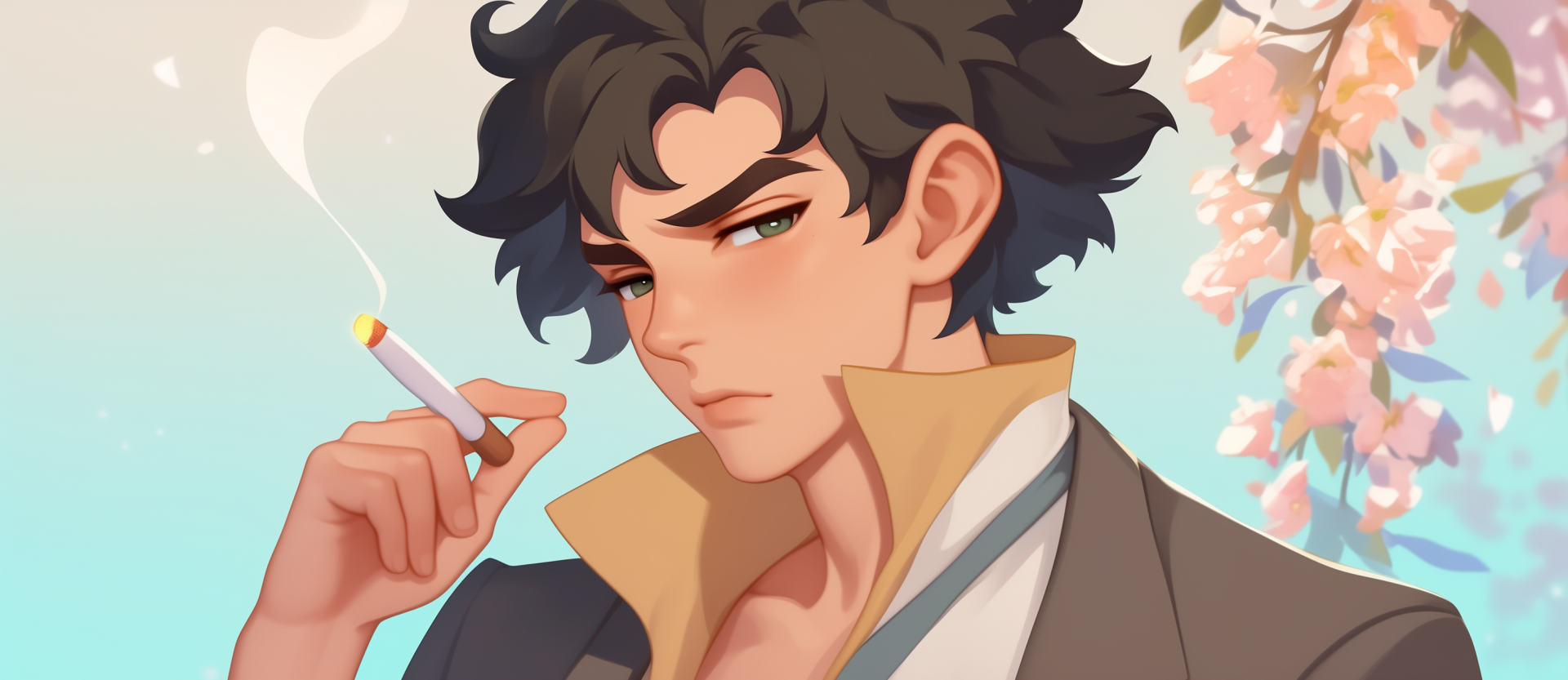Spike Spiegel, Zigarette, Kirschblüten, Fan-Art, Porträt, Pastell, Full HD, Desktop-Hintergrund