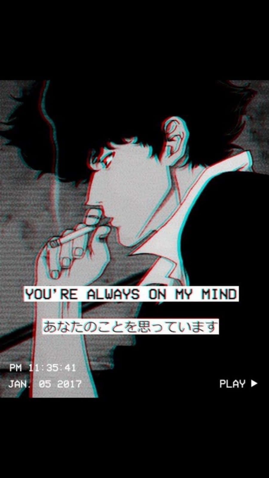 Spike Spiegel, Zitat, Japanische Schrift, VHS-Stil, Schwarzer Hintergrund, Sperrbildschirm fürs iPhone