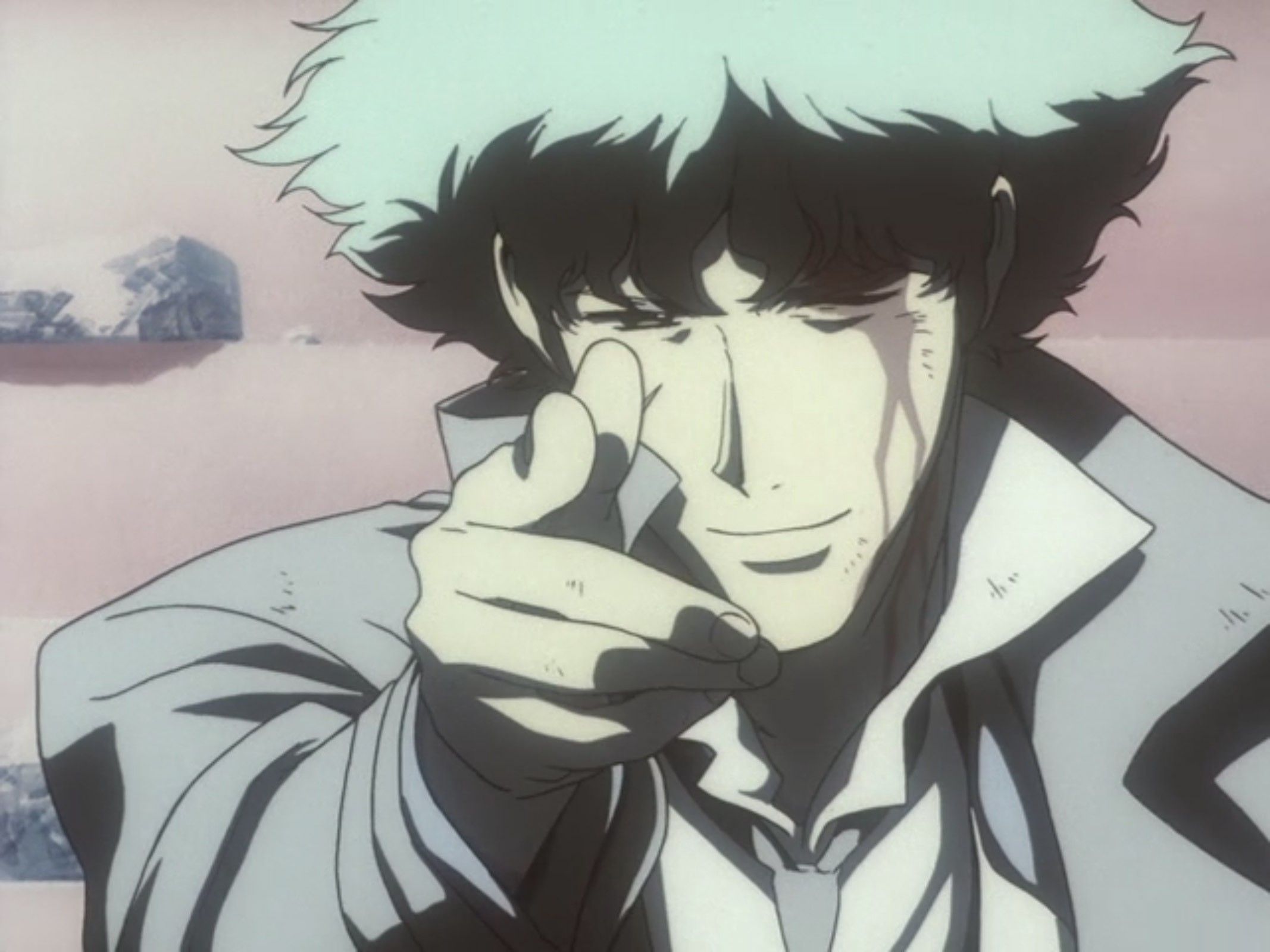 Spike Spiegel, Cowboy Bebop, Fingerzeig, Lächeln, Anime, Full HD, Tablet-Hintergrund