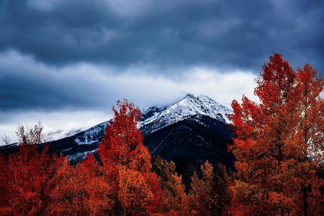 Schneebedeckter Berg, Rote Bäume, Gewitterwolken, Bergpanorama, Herbstwald, HD, Windows-Hintergrundbild