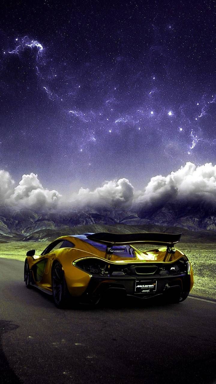 McLaren P1, Gelber Sportwagen, Gewitterwolken, Lila Himmel, HD, Handy-Hintergrund
