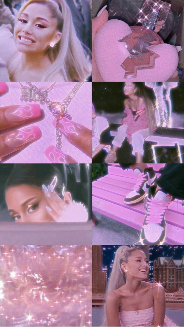 Ariana Grande, Collage, Rosa, Glitzer, Aesthetic, Hochformat, Hintergrundbild fürs Smartphone