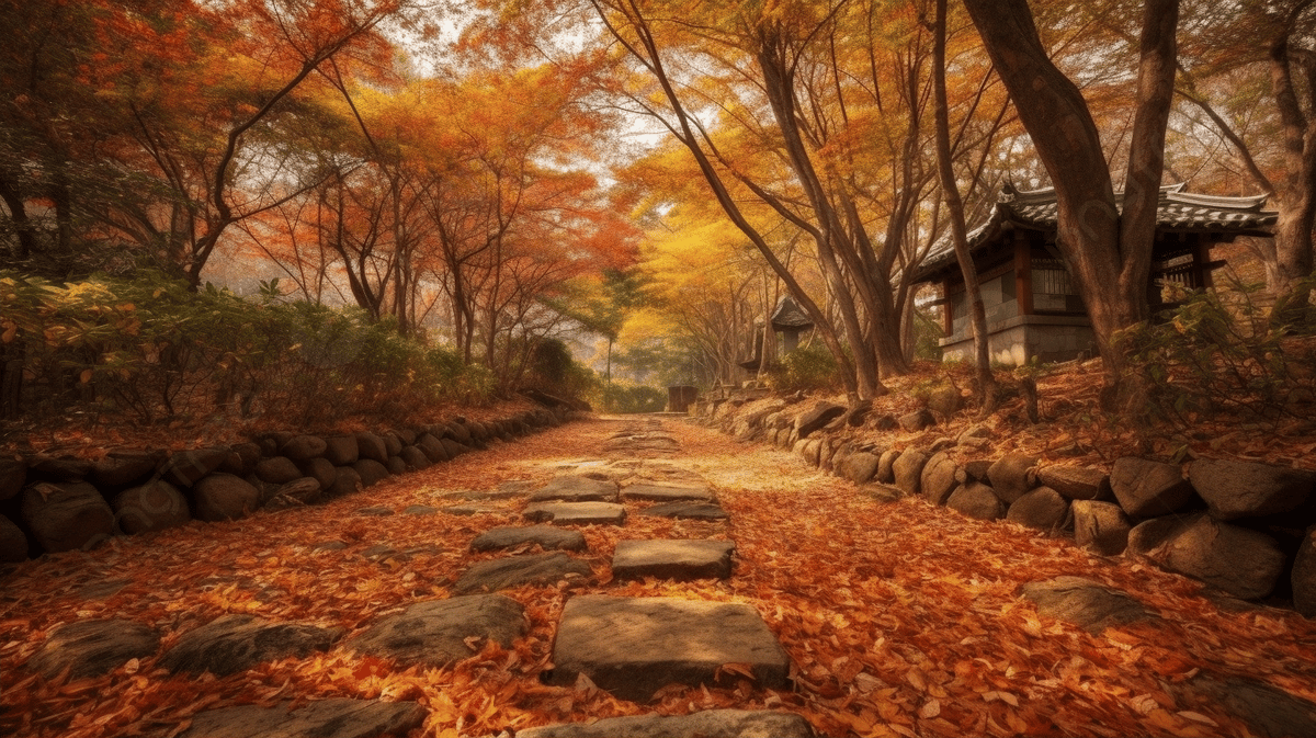 Steinweg, Laubteppich, Japanischer Garten, Holzhaus, Herbstbäume, Hintergrundbild