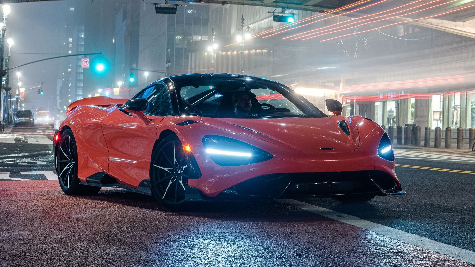 McLaren 750S, Roter Supersportwagen, Stadt, Nacht, Lichtspuren, Full HD, Breitbild-Hintergrundbild