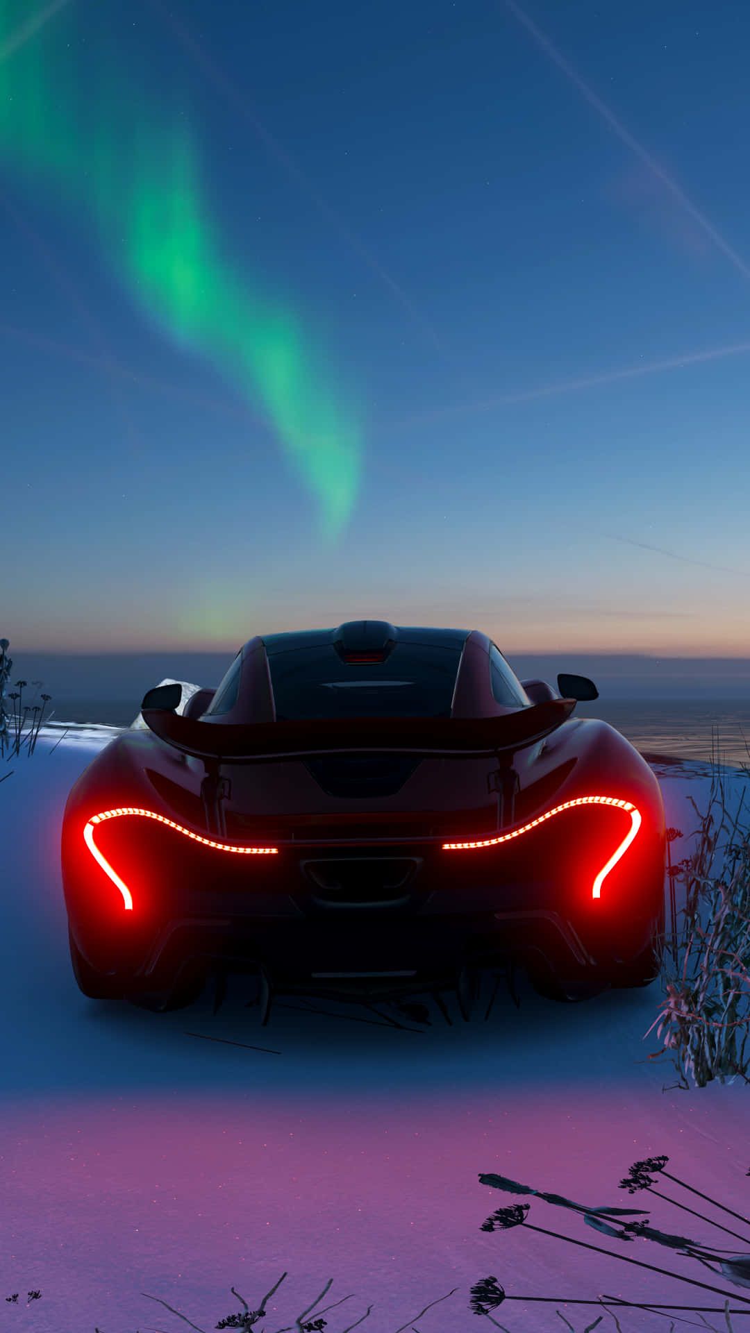 McLaren P1, Polarlicht, Rücklichter, Dämmerung, Schnee, Full HD, Hintergrundbild fürs Handy