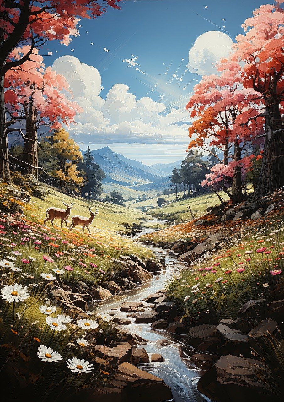 Illustration, Bach, Rehe, Herbstbäume, Tal, Wolken, HD, Hintergrundbild fürs Tablet