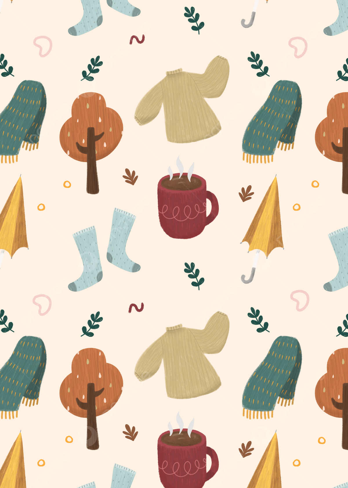 Muster, Gummistiefel, Pullover, Tasse, Herbstbäume, Illustration, Hintergrundbild fürs iPad