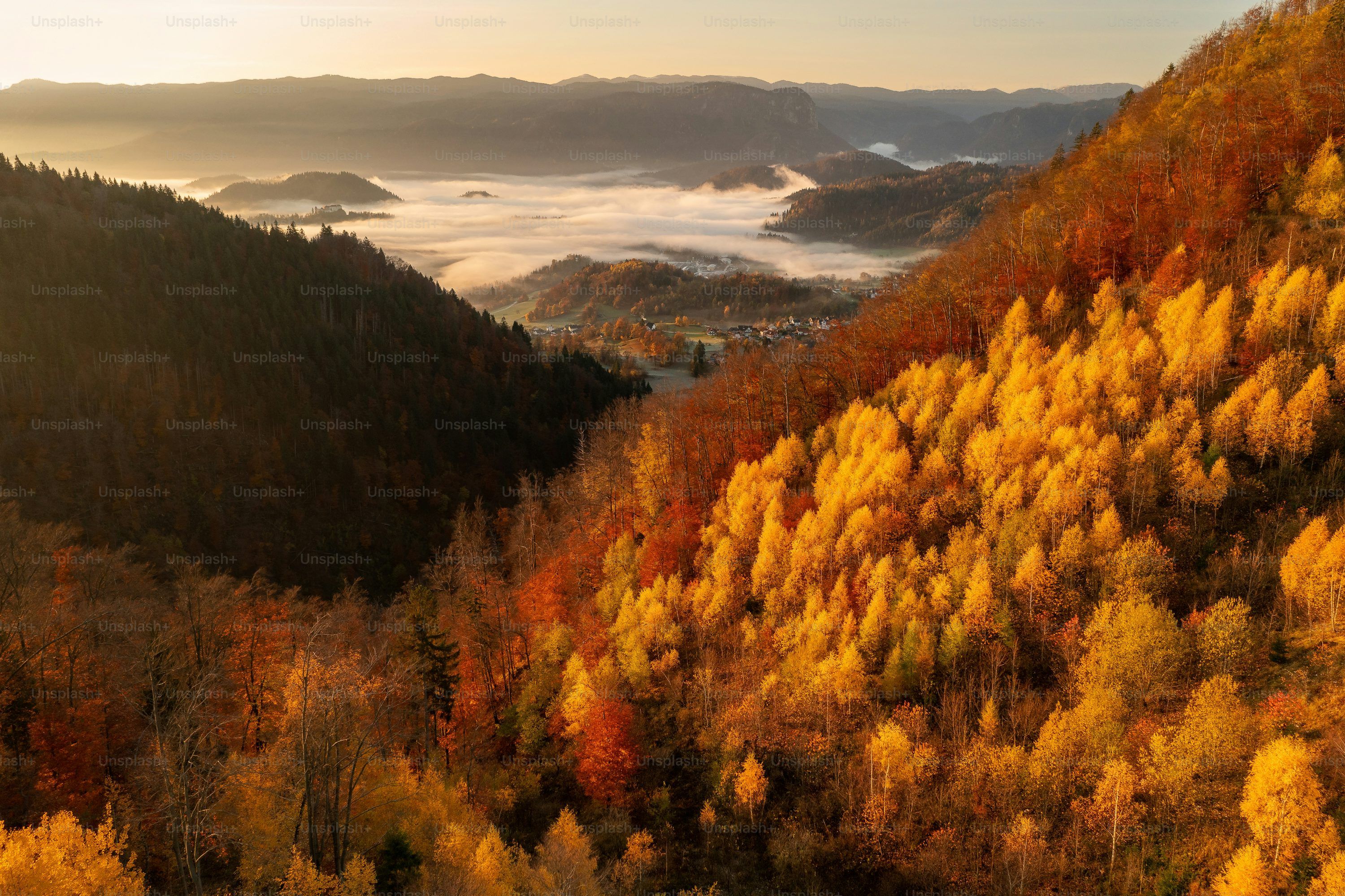 Luftaufnahme, Herbstwald, Hügel, Nebel im Tal, Goldene Stunde, 2K-Hintergrundbild für PC