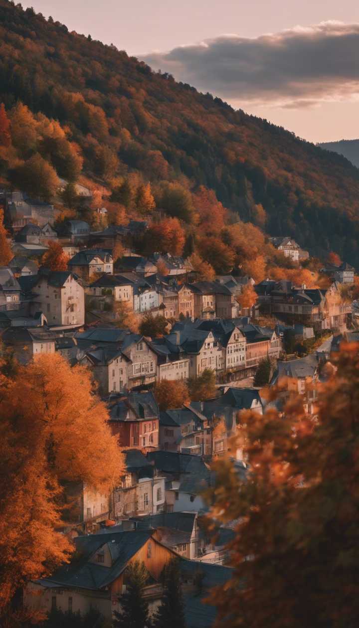 Dorf, Berghang, Herbstbäume, Häuser, Abendhimmel, HD, Handy-Hintergrund im Hochformat