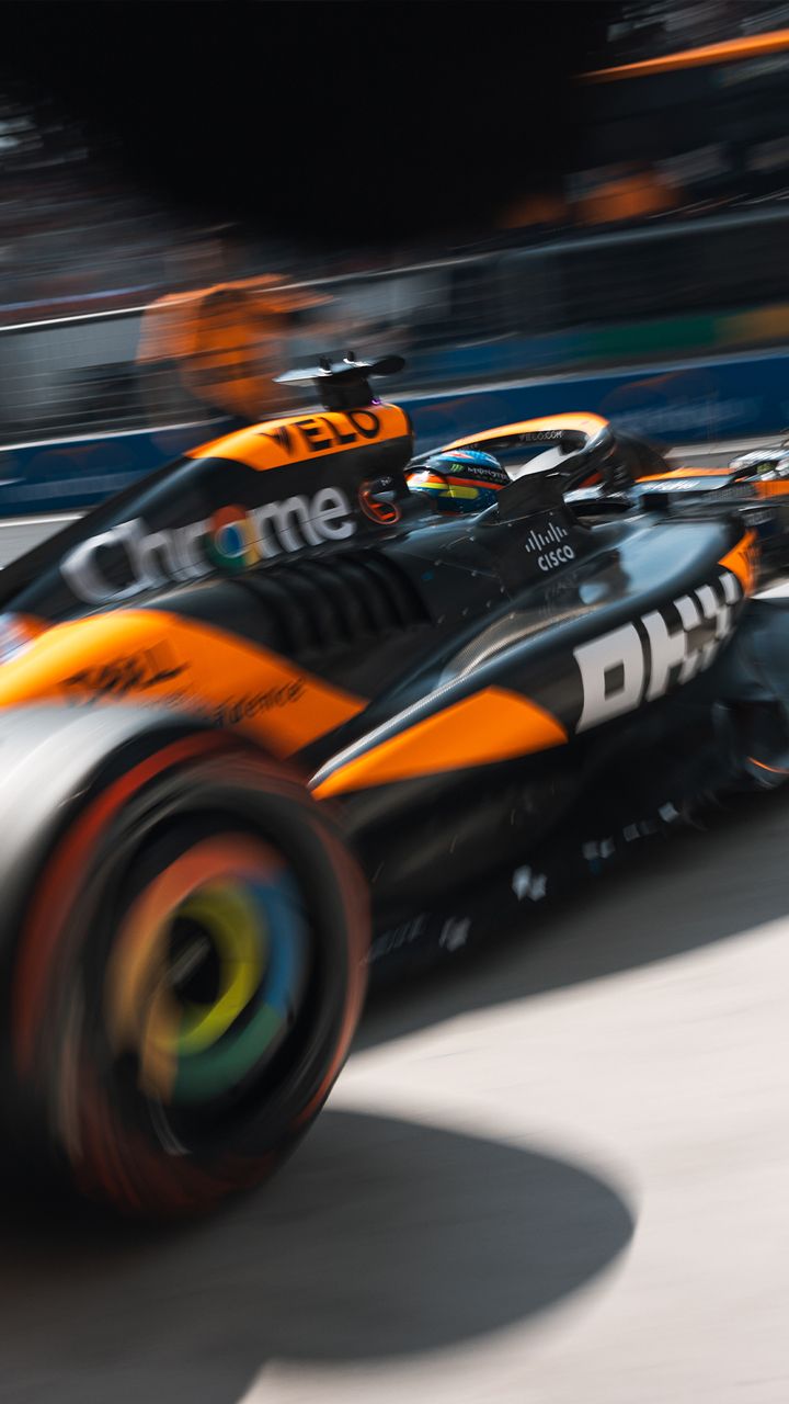 McLaren, Formel 1, Rennwagen, Bewegungsunschärfe, Orange, Hintergrundbild fürs Handy
