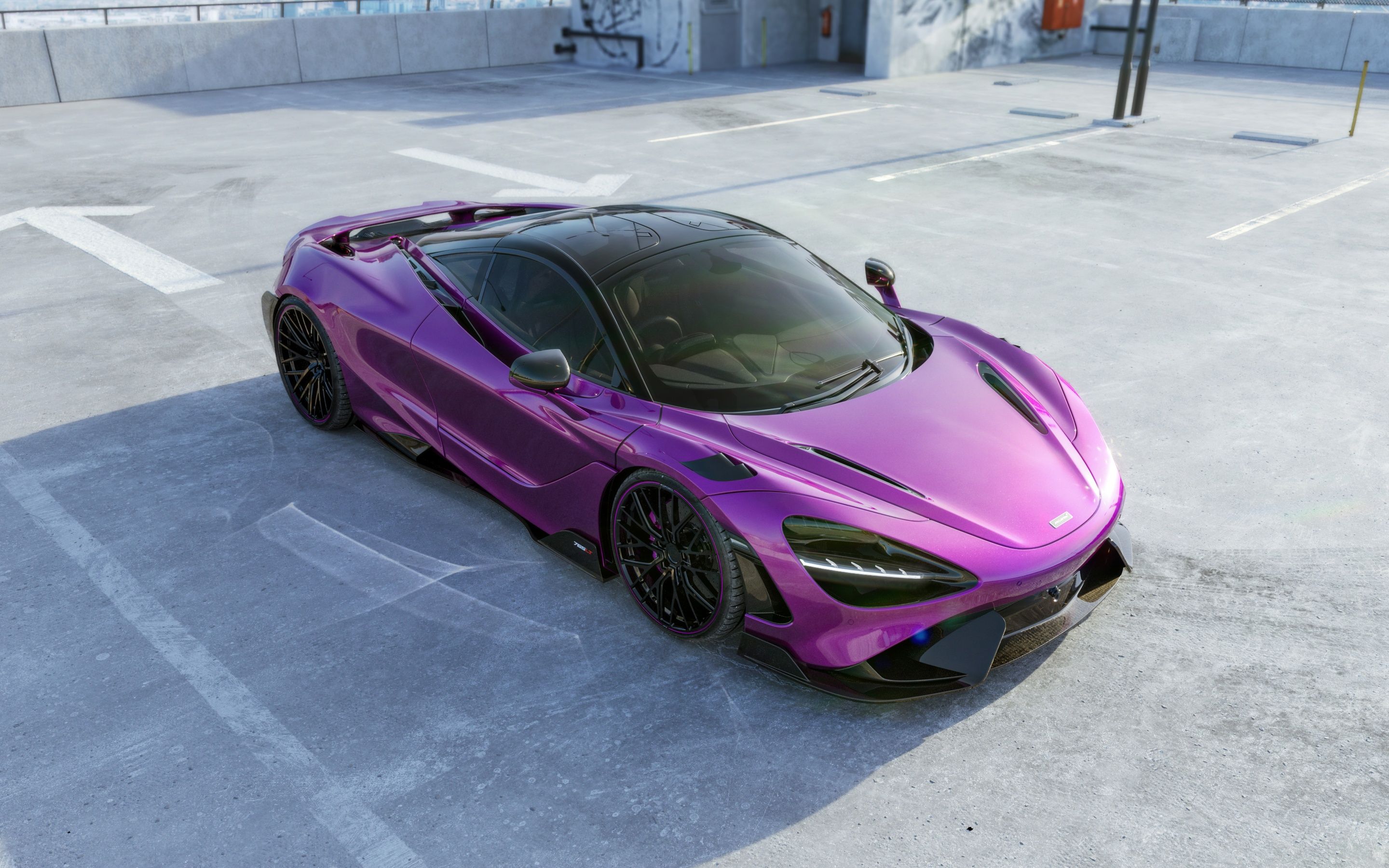 McLaren 765LT, Lila Sportwagen, Parkdeck, Supersportwagen, 2K, Windows-Hintergrundbild