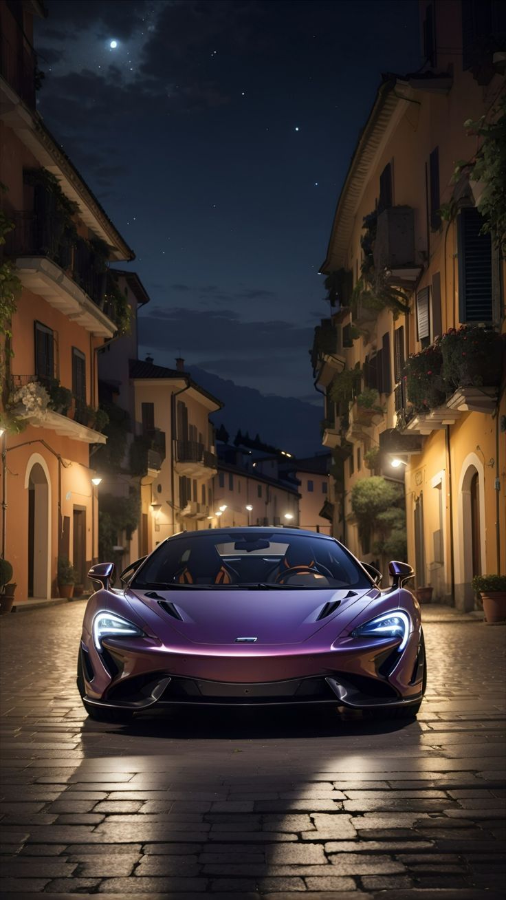 McLaren GT, Lila, Altstadt, Nacht, Kopfsteinpflaster, HD, Hintergrundbild fürs Handy