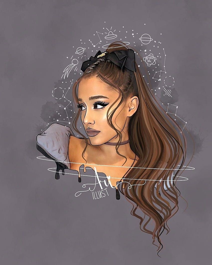 Ariana Grande, Zeichnung, Fan-Art, Pferdeschwanz, Grau, Hintergrundbild für iPad und Tablet