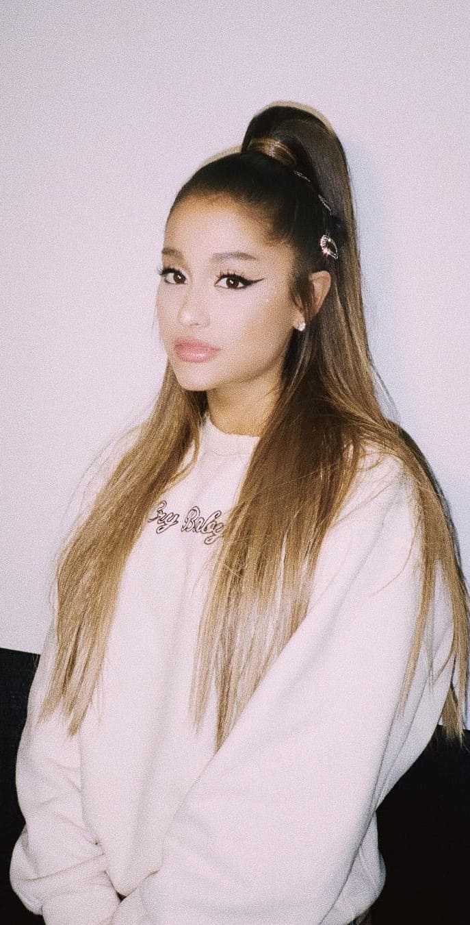Ariana Grande, Pferdeschwanz, Pullover, Hellgrau, Fotoshooting, Android-Hintergrundbild
