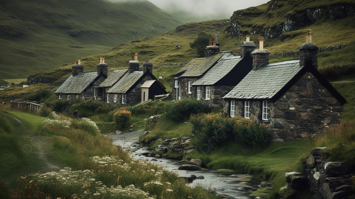 Steinhäuser, Dorf, Bach, Hügel, Cottages, Landschaft, Hintergrundbild
