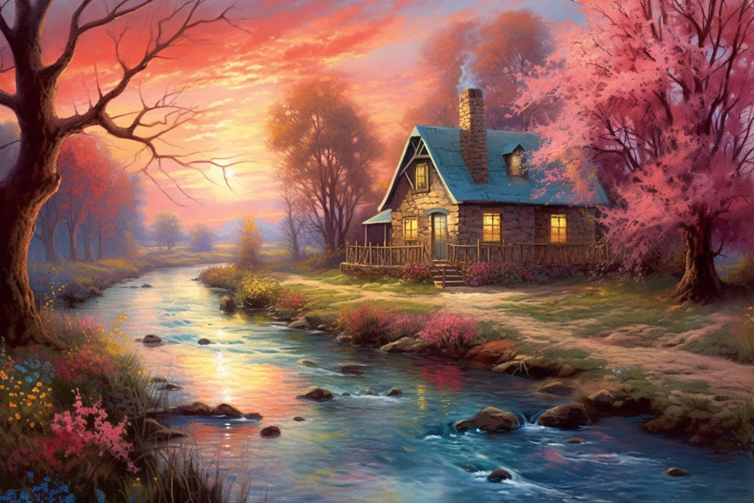 Cottage, Fluss, Sonnenuntergang, Rosa Bäume, Digitale Kunst, Full HD, Windows-Hintergrundbild