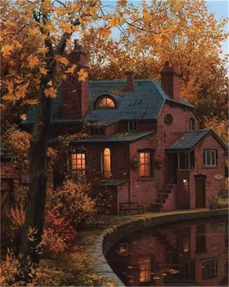 Backsteinhaus, Teich, Herbstbäume, Gemälde, Abend, HD, Hintergrundbild fürs Tablet