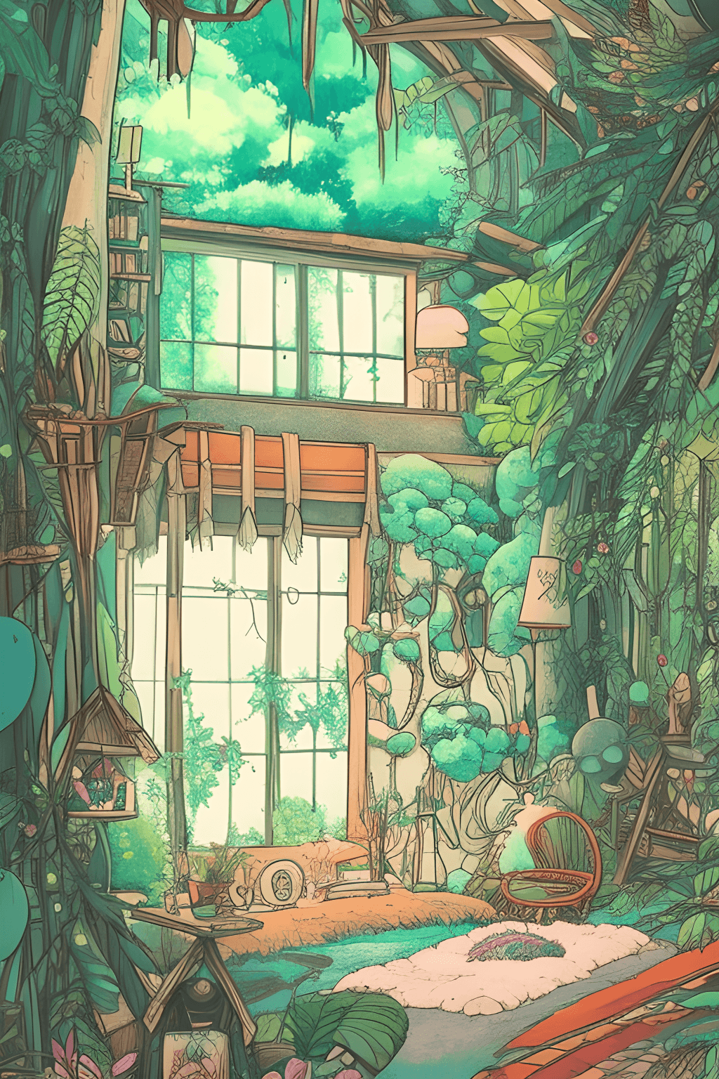Baumhaus, Illustration, Grün, Fenster, Fantasy, HD, Handy-Hintergrund im Hochformat