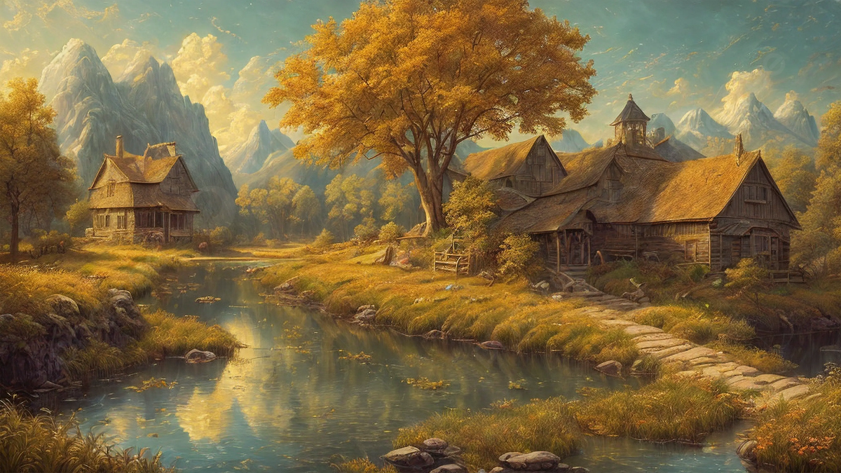 Bauernhäuser, Fluss, Berge, Goldene Bäume, Ölgemälde, Landschaft, Hintergrund