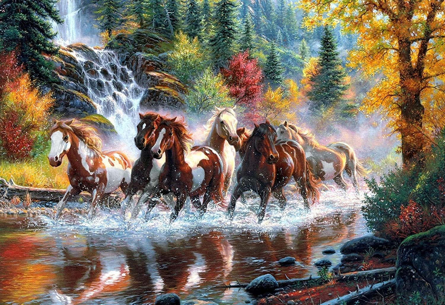 Gemälde, Pferdeherde, Wasserfall, Fluss, Herbstwald, HD, Hintergrundbild für den PC