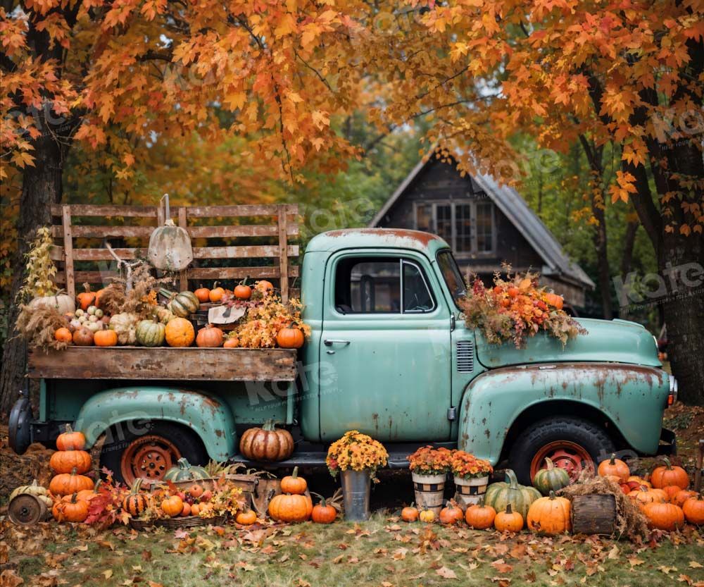 Pickup, Oldtimer, Kürbisse, Holzhaus, Herbstdeko, Hintergrundbild