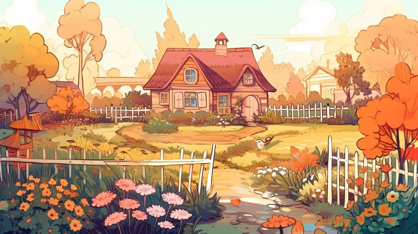 Haus, Lattenzaun, Garten, Blumen, Illustration, Orange Bäume, HD, Breitbild-Hintergrundbild