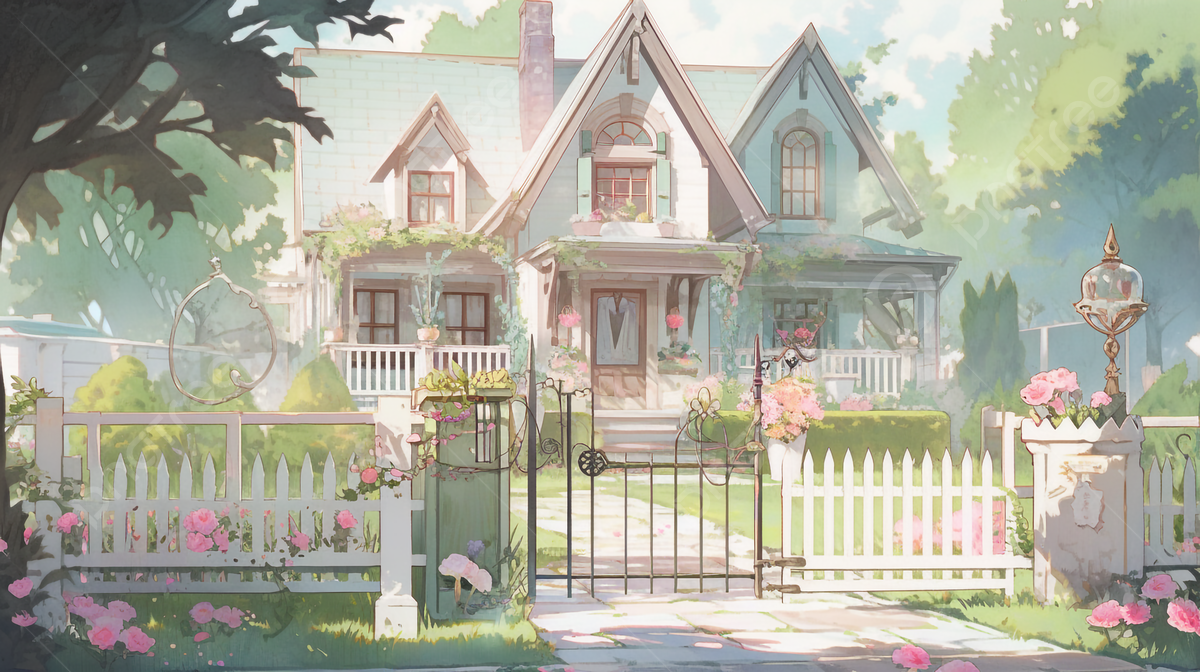 Viktorianisches Haus, Lattenzaun, Garten, Aquarell, Anime-Stil, Hintergrundbild