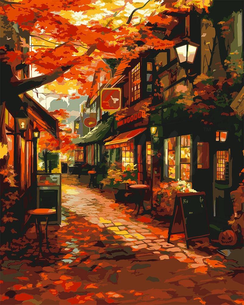 Gasse, Häuser, Herbstlaub, Laternen, Illustration, HD, iPad-Hintergrundbild