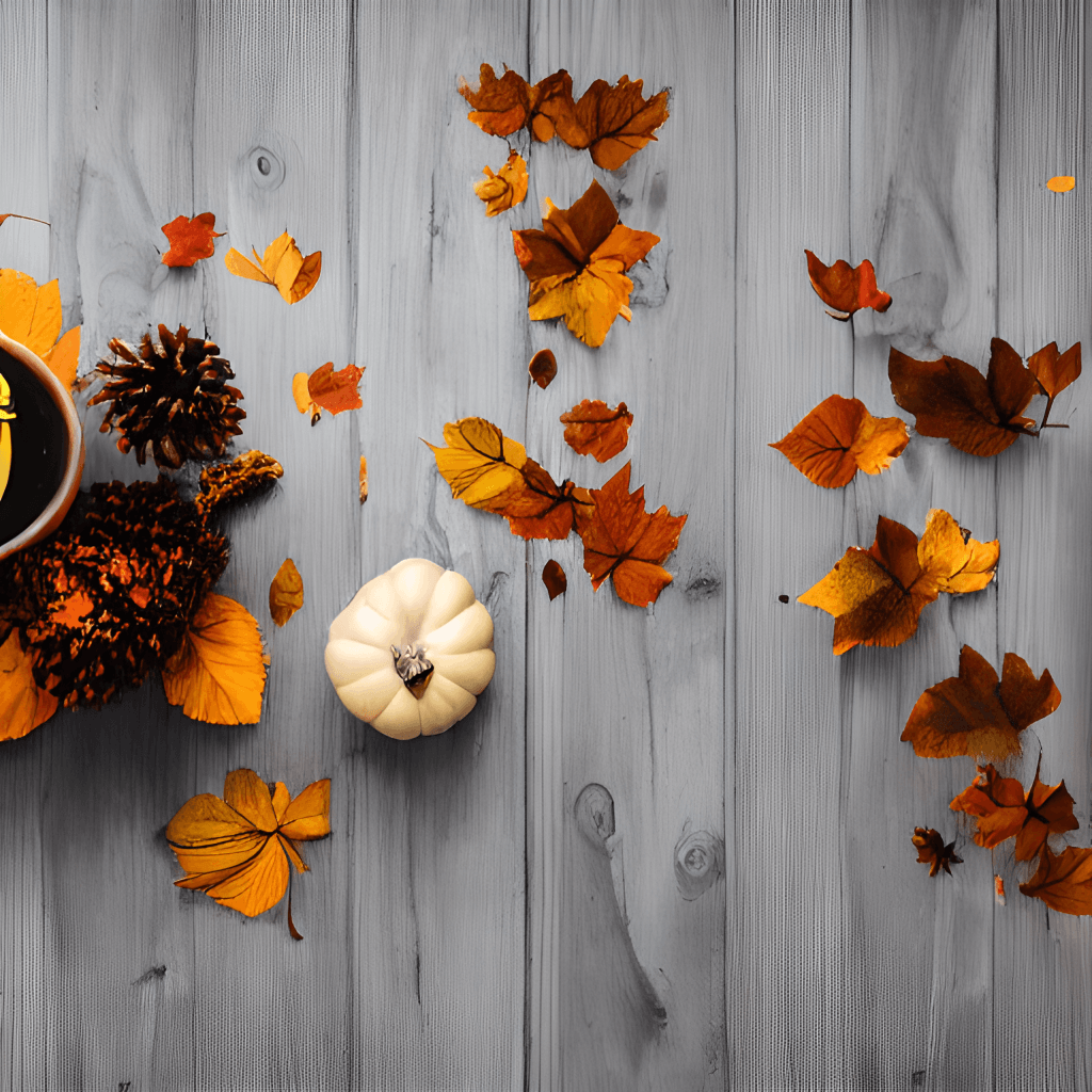 Herbstblätter, Holzbretter, Zierkürbis, Tannenzapfen, Flach gelegt, Hintergrundbild fürs Tablet
