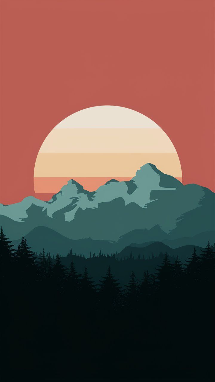 Sonne, Berge, Wald, Flache Illustration, Terrakotta, HD, Sperrbildschirm fürs iPhone