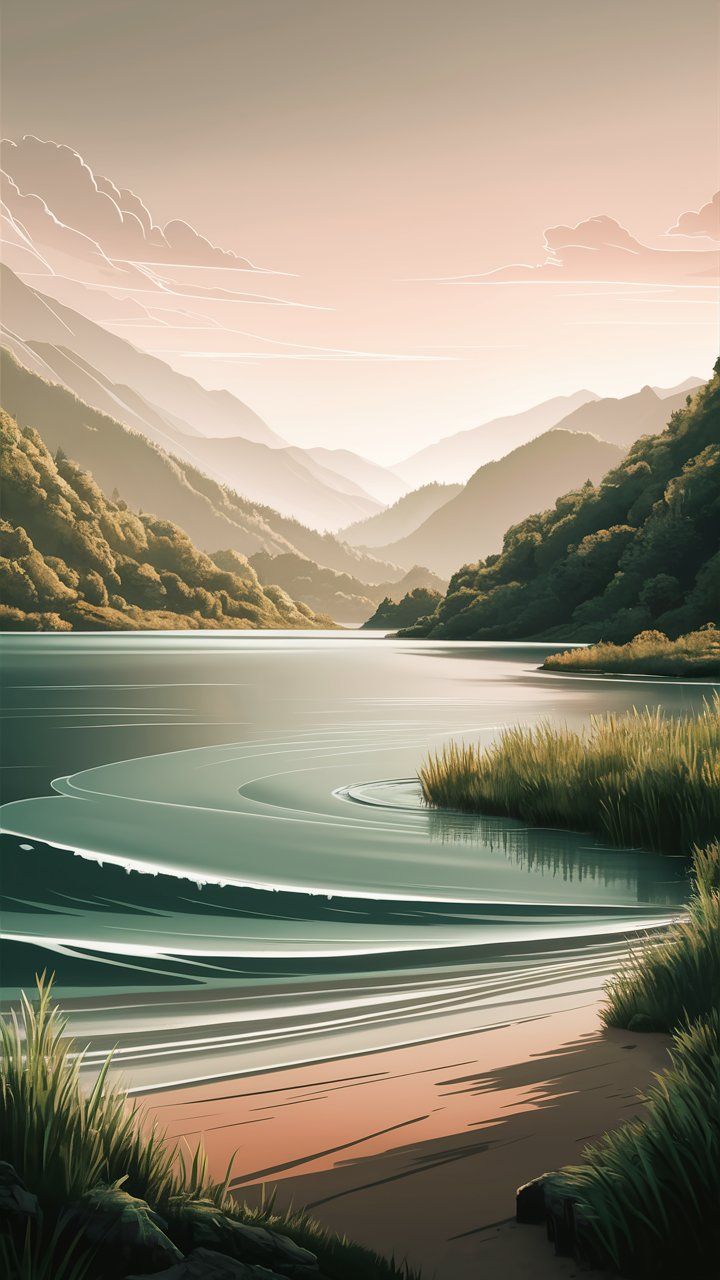 Tal, Fluss, Berge, Digitale Kunst, Pastelltöne, HD, Handy-Hintergrund im Hochformat