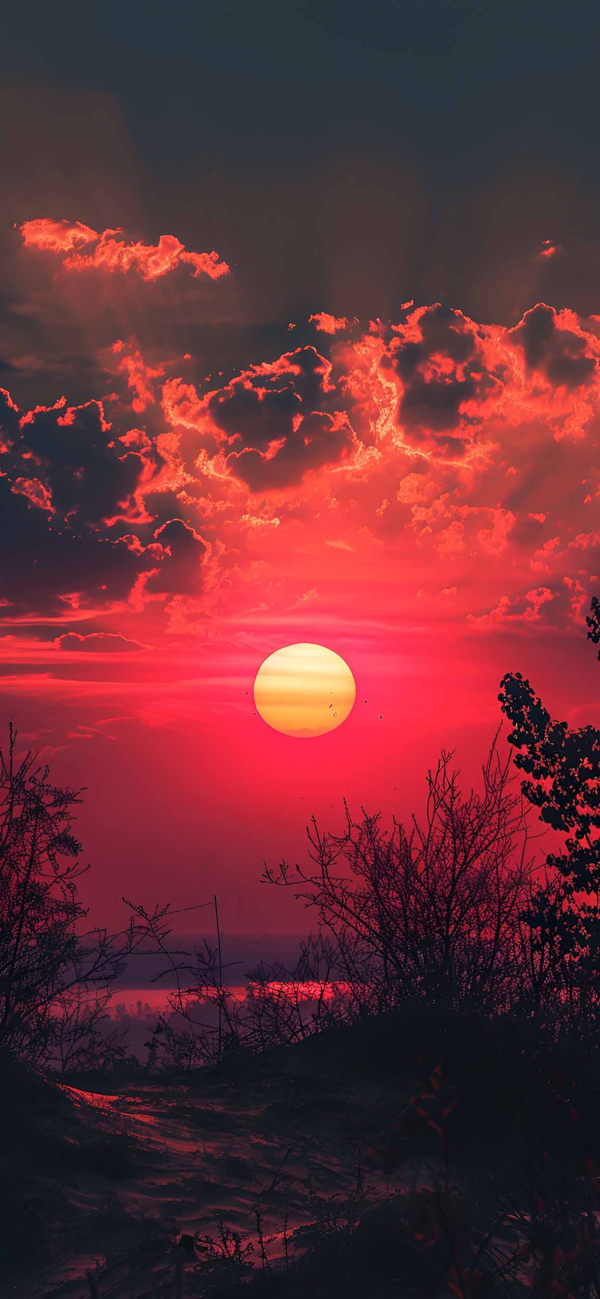 Sonnenuntergang, Rote Sonne, Wolken, Silhouette, Dunkel, Full HD, iPhone-Hintergrundbild