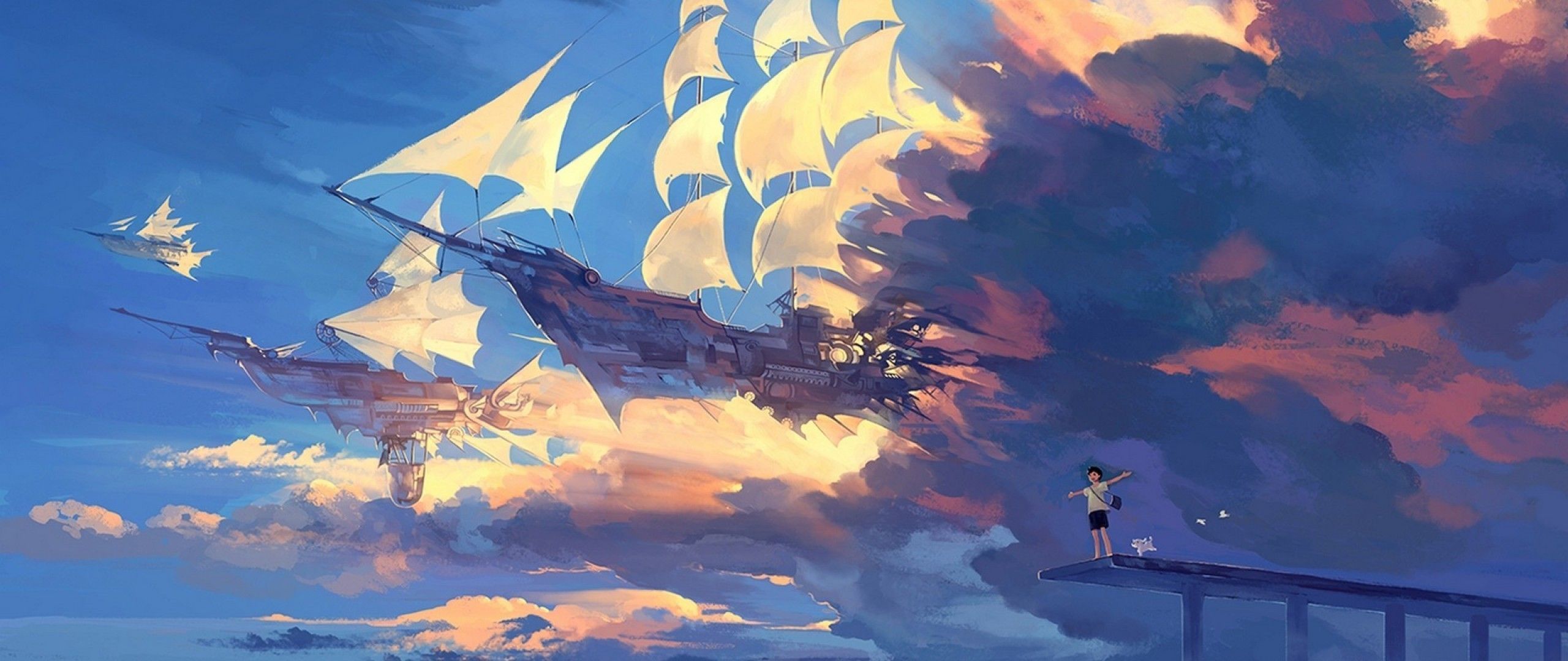 Fliegendes Schiff, Segel, Wolken, Steg, Fantasy, Digitale Malerei, 2K, Desktop-Hintergrund