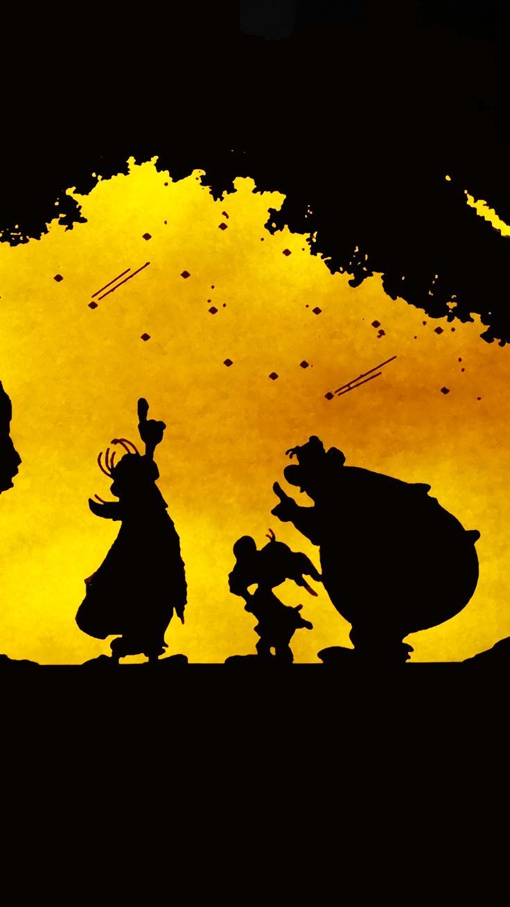 Asterix, Obelix, Silhouetten, Gelb, Schwarz, Hochformat, Hintergrundbild fürs Smartphone
