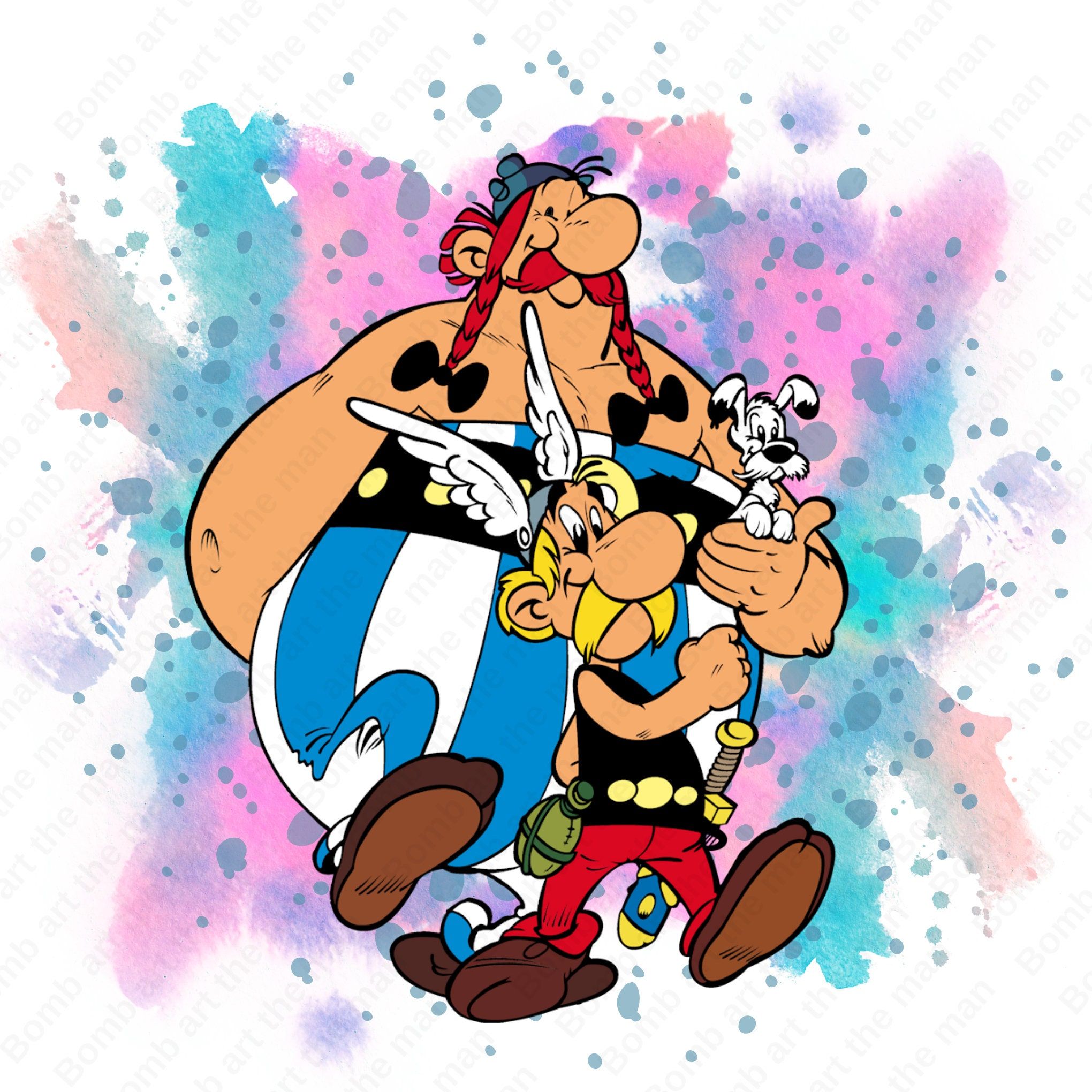 Asterix, Obelix, Idefix, Aquarellflecken, Comicfiguren, Hintergrundbild für iPad und Tablet