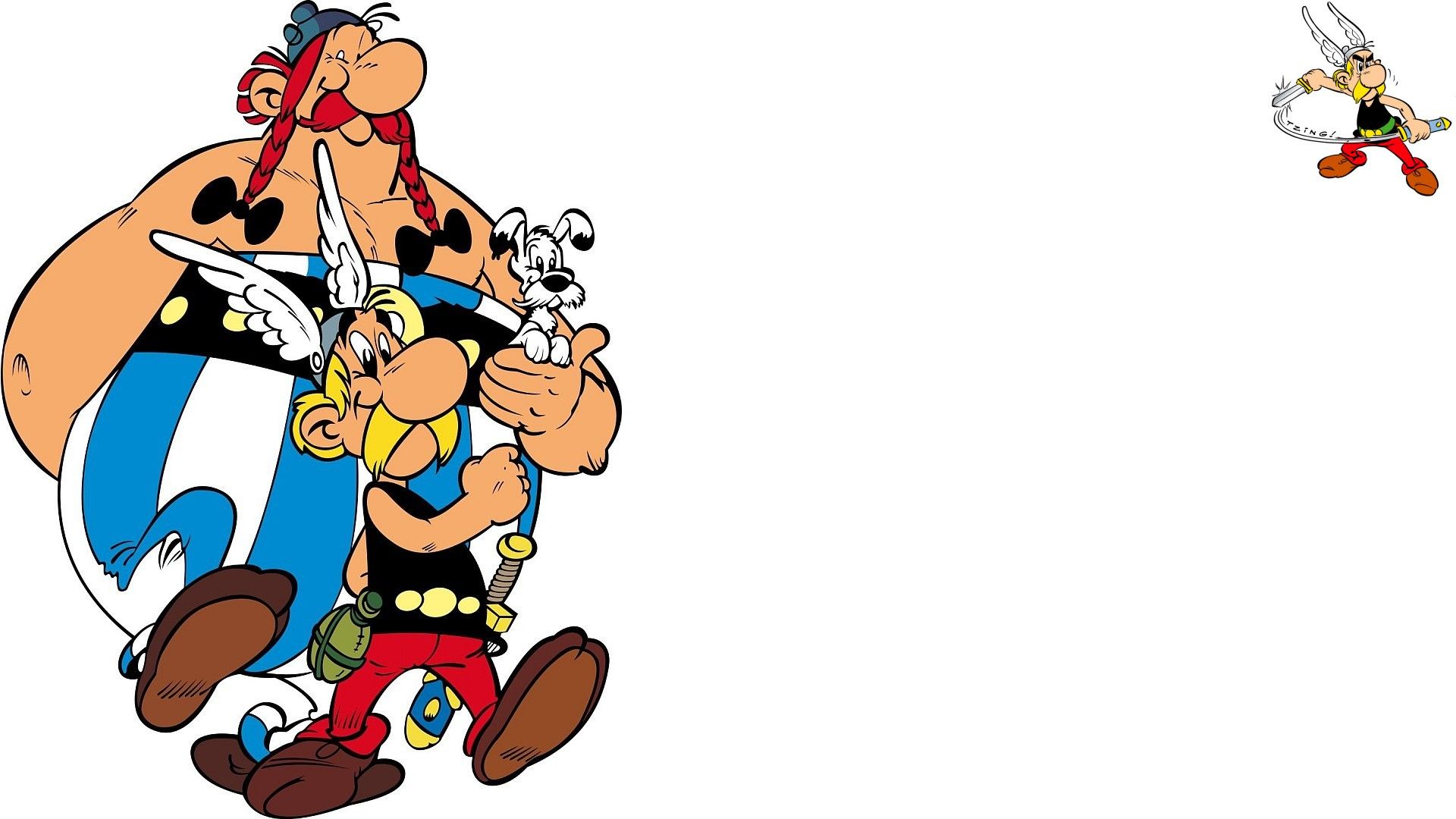 Obelix, Asterix, Idefix, Comicfiguren, Weißer Hintergrund, Full HD Wallpaper