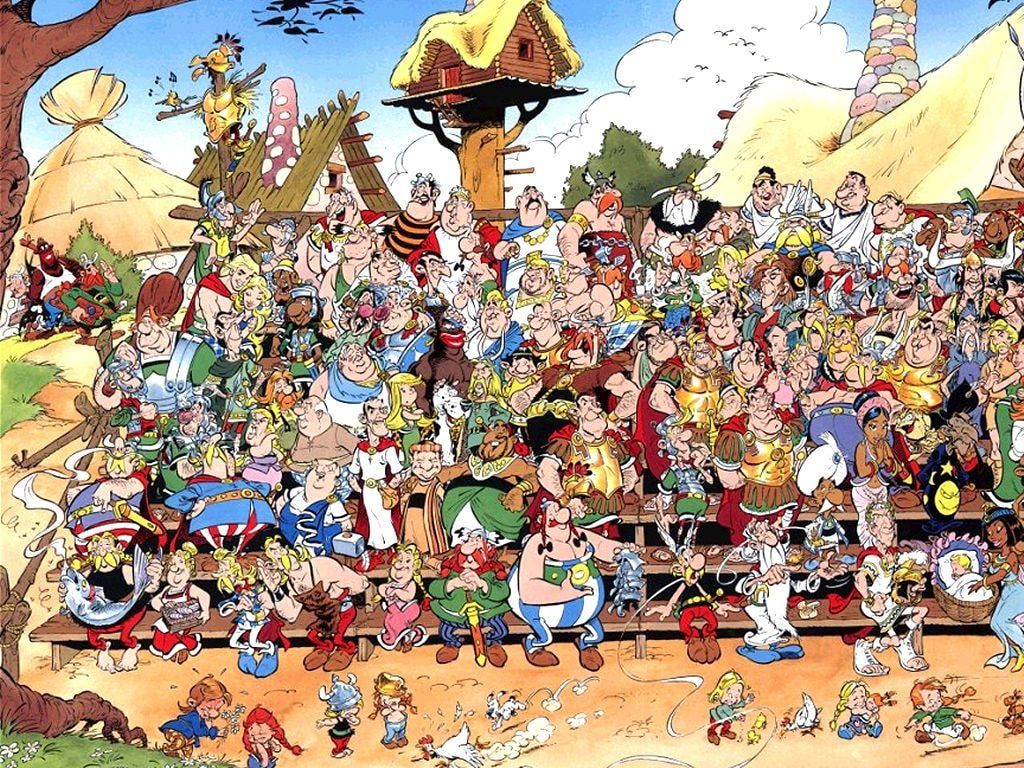Asterix, Gallisches Dorf, Wimmelbild, Comicfiguren, Menschenmenge, Hintergrundbild fürs iPad
