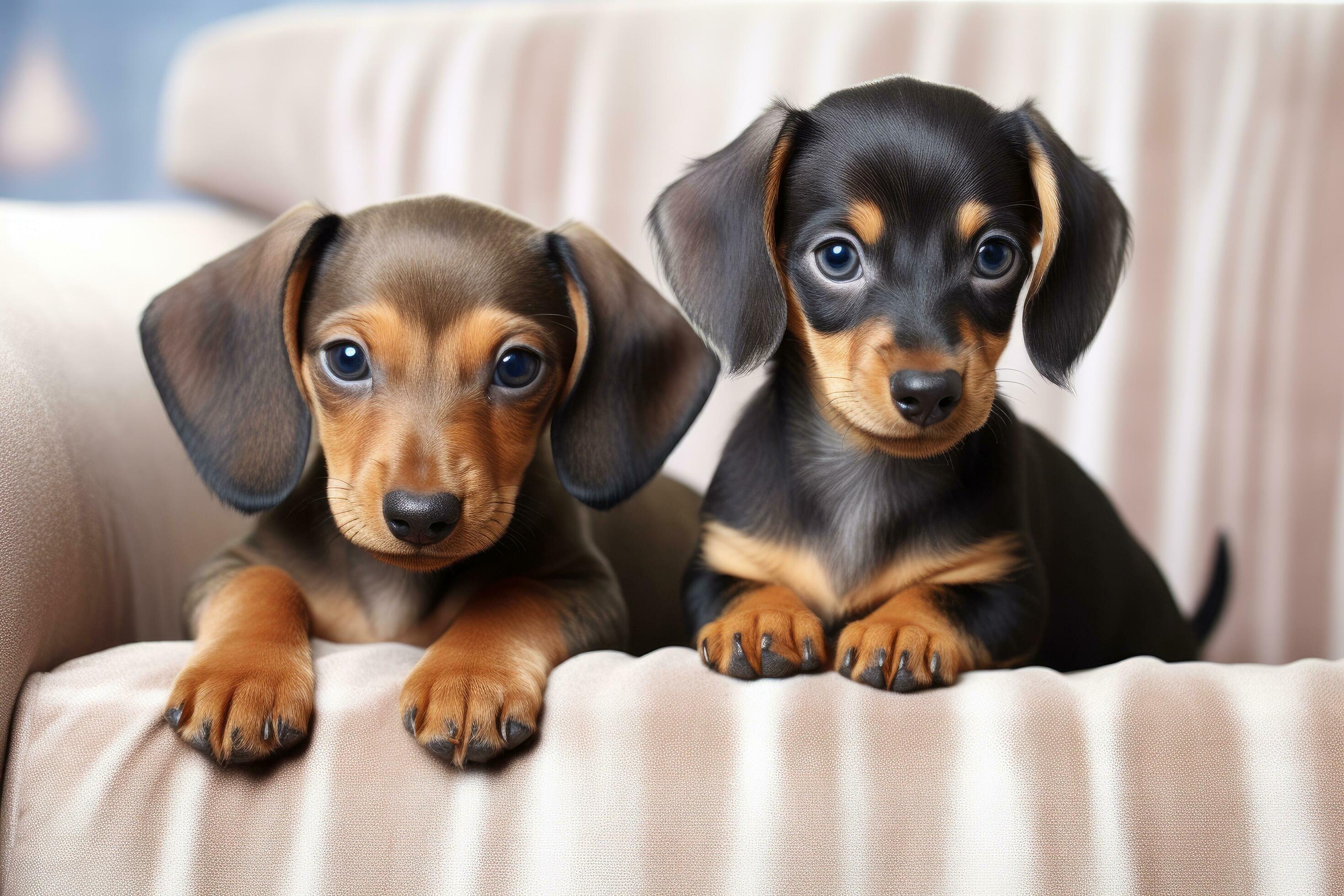 Dackelwelpen, Zwei Welpen, Sofa, Schwarz-Braun, Niedlich, 2K, Desktop-Hintergrund